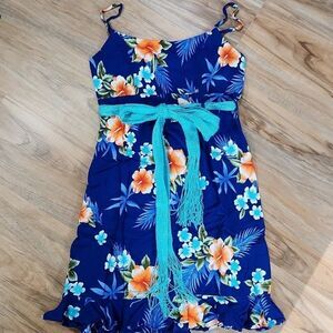 🔺️Aloha Hut Hawaii Blue Tropical Print Spaghetti Strap Dress Small